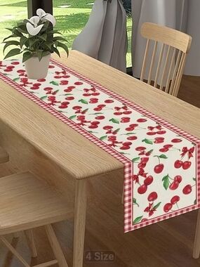 Cherry Print Table Runner with Gingham Border - Red & Green